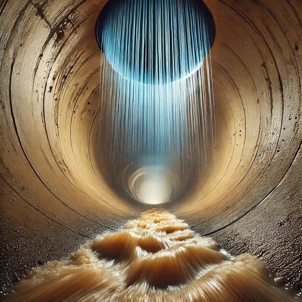 DALL-E 2024-09-17 14.48.23 - Vue intérieure d'un tuyau d'égout en béton lisse avec de l'eau sale et brune s'écoulant lentement au fond. Un fin rideau d'eau à haute pression de type bl-2