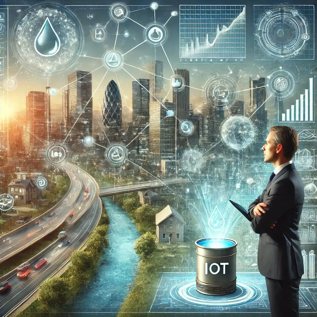 DALL·E 2024-09-24 12.38.22 - A visionary scene showing the integration of IoT technology with sustainable water management. In the background, a smart city skyline powered by IoT DALL·E 2024-09-24 12.38.22 - A visionary scene showing the integration of IoT technology with sustainable water management. In the background, a smart city skyline powered by IoT