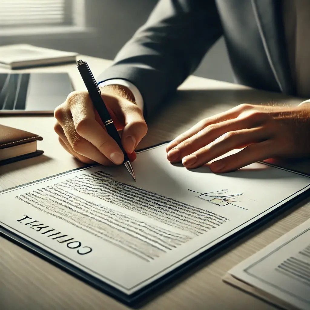 DALL·E 2024-10-16 17.02.45 - A realistic image of a person signing a contract. The scene includes a close-up of a hand holding a pen, signing a formal document on a clean, profess