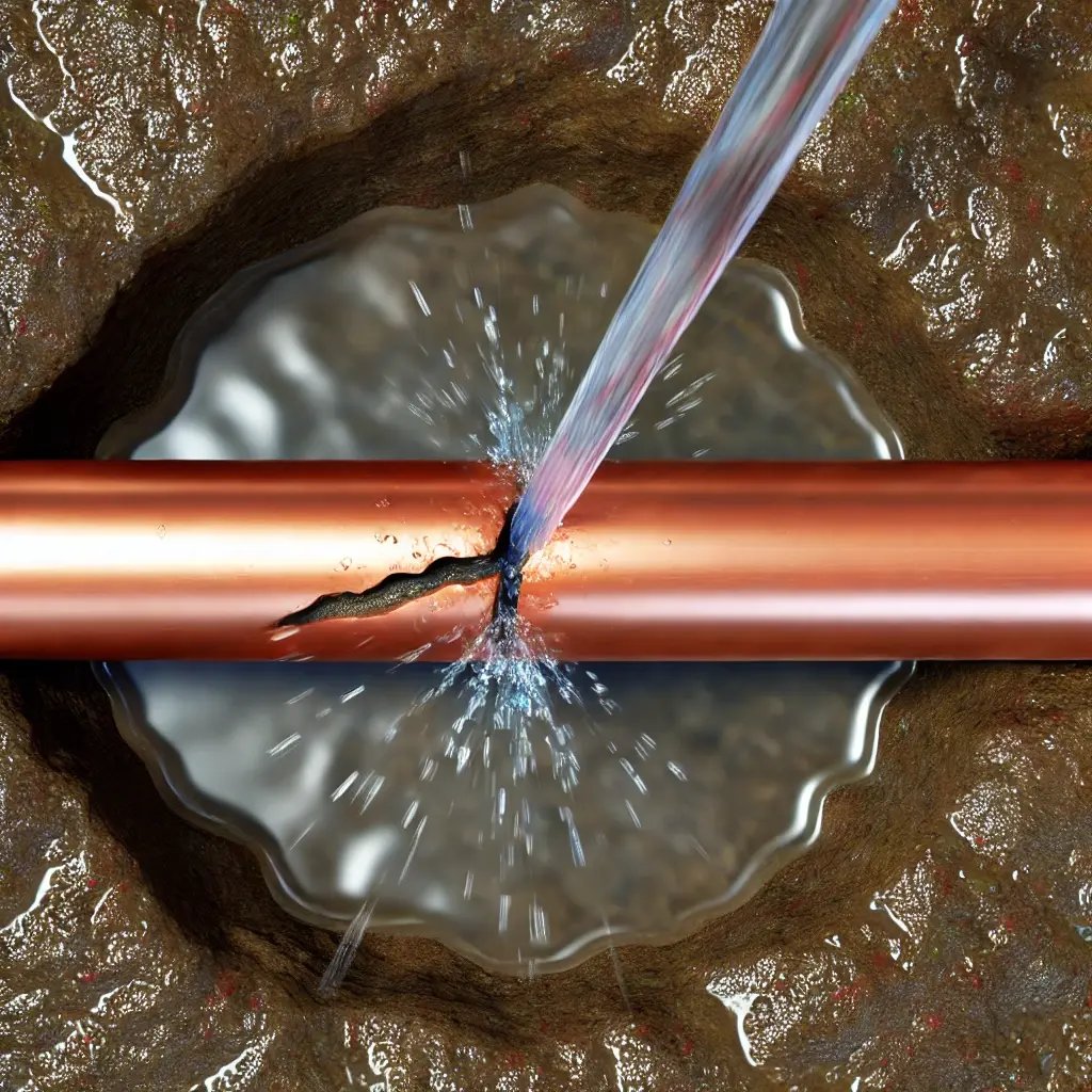 A realistic top-view of a continuous copper water pipe embedded in a hole in damp, muddy soil. The pipe has a small crack caused by a bad weld, and wa-1