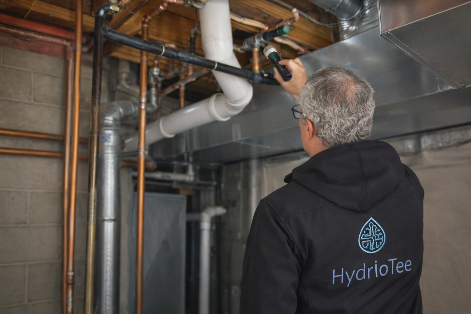 Technicien HydrIoTee inspectant les canalisations d'un local technique