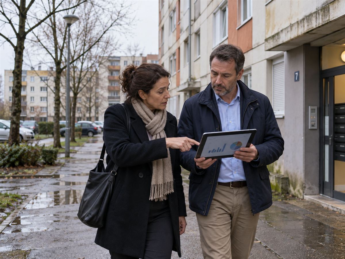 Deux gestionnaires consultant un tableau de bord sur tablette devant une résidence