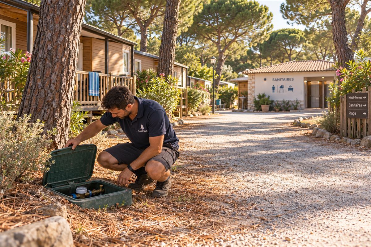 Technicien ouvrant un regard de compteur d'eau dans un camping