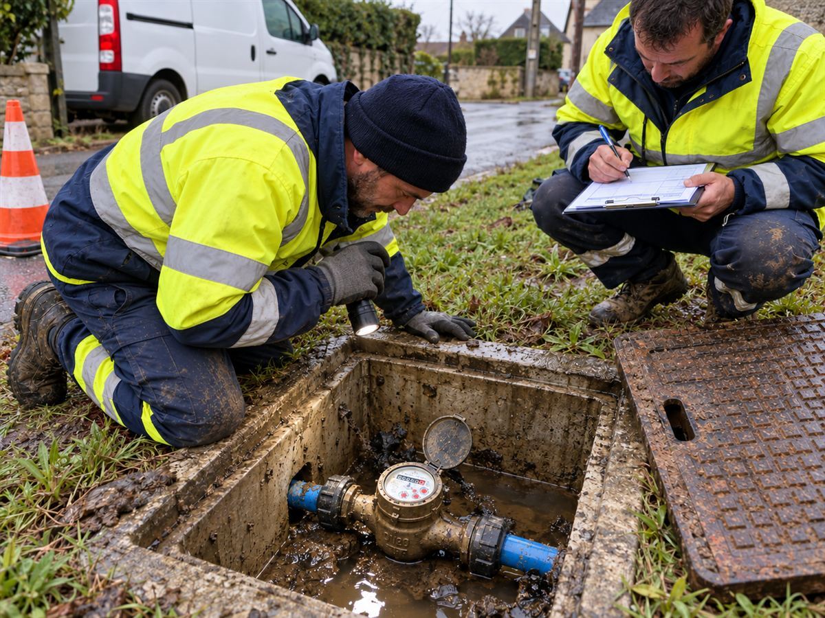 Deux techniciens inspectant un compteur d'eau dans un regard en bord de route