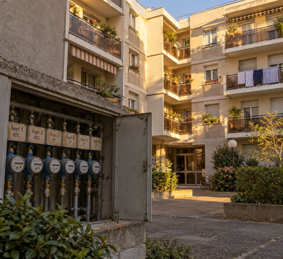 Coffret de compteurs d'eau par appartement dans la cour d'une copropriété