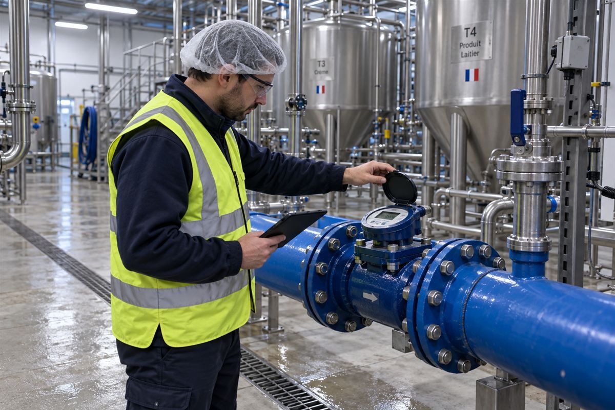 Technicien contrôlant un débitmètre dans une usine laitière