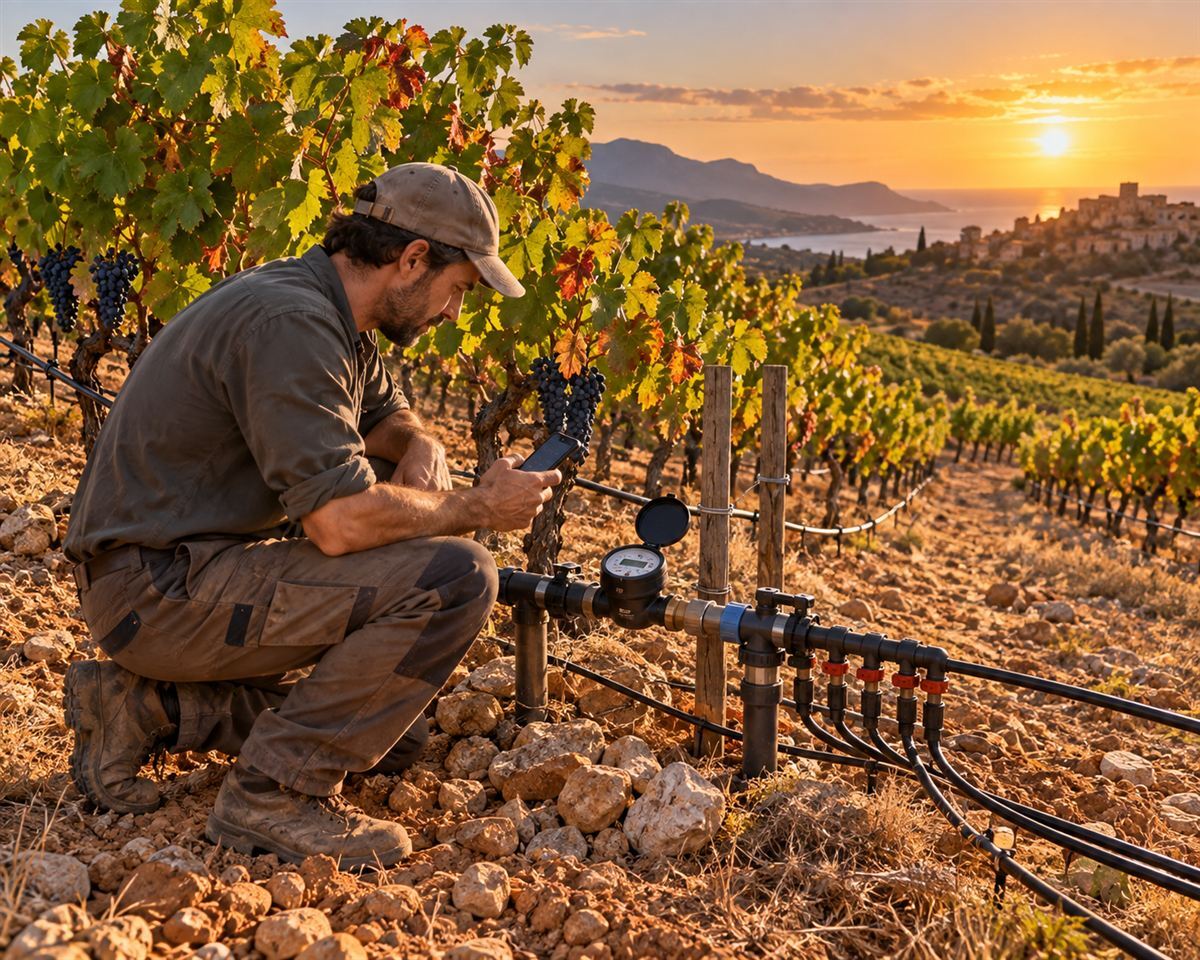 Vigneron consultant son téléphone près d'un compteur d'irrigation