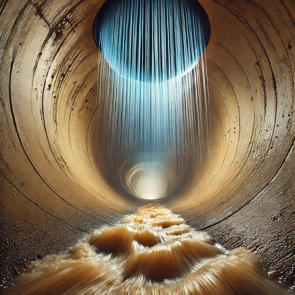 DALL-E 2024-09-17 14.48.23 - Vue intérieure d'un tuyau d'égout en béton lisse avec de l'eau sale et brune s'écoulant lentement au fond. Un fin rideau d'eau à haute pression, de type bl-1, s'écoule de la canalisation. DALL-E 2024-09-17 14.48.23 - Vue intérieure d'un tuyau d'égout en béton lisse avec de l'eau sale et brune s'écoulant lentement au fond. Un fin rideau d'eau à haute pression, de type bl-1, s'écoule de la canalisation.