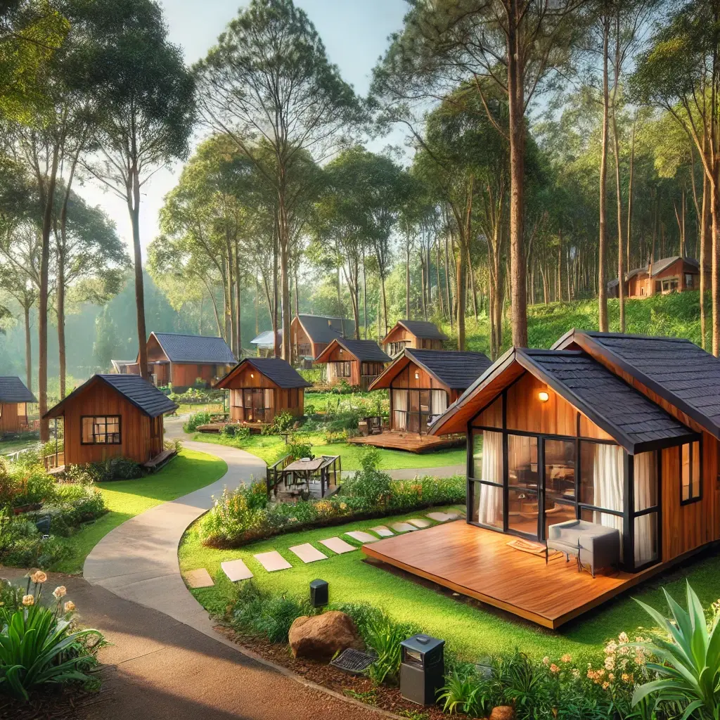 DALL·E 2024-09-24 13.08.20 - A serene and beautiful camping site with cozy bungalows set amidst nature. The bungalows are made of wood and blend harmoniously with the surrounding DALL·E 2024-09-24 13.08.20 - A serene and beautiful camping site with cozy bungalows set amidst nature. The bungalows are made of wood and blend harmoniously with the surrounding