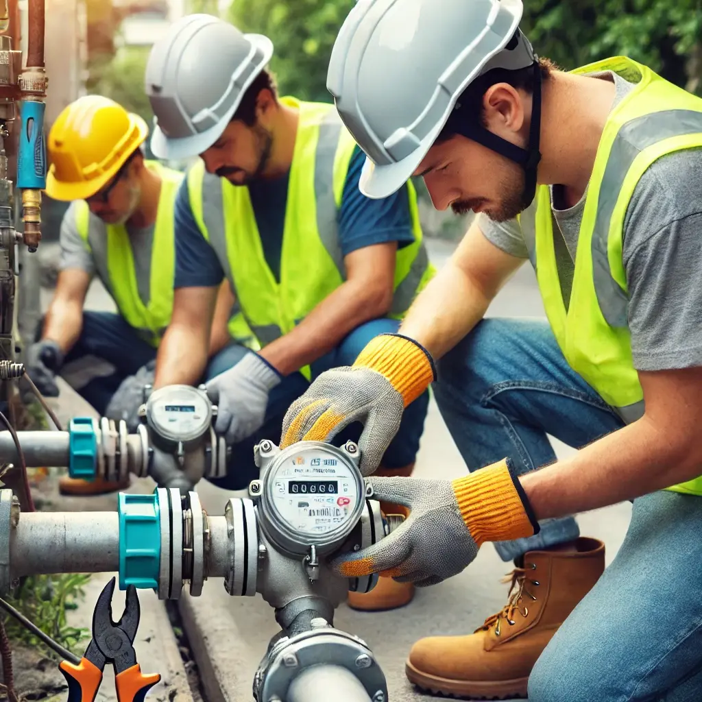 DALL·E 2024-11-04 17.43.42 - Workers installing a water meter in a suburban or urban setting. They are wearing high-visibility safety vests, helmets, and gloves, using tools such DALL·E 2024-11-04 17.43.42 - Workers installing a water meter in a suburban or urban setting. They are wearing high-visibility safety vests, helmets, and gloves, using tools such